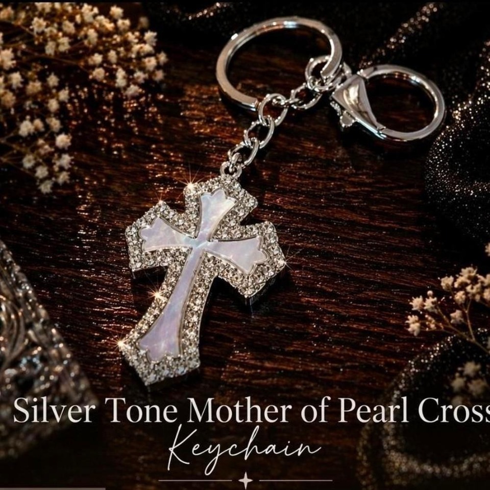 Silver Tone Mother of Pearl Cross Keychain – Rhinestone Faith Keyring | Elegan